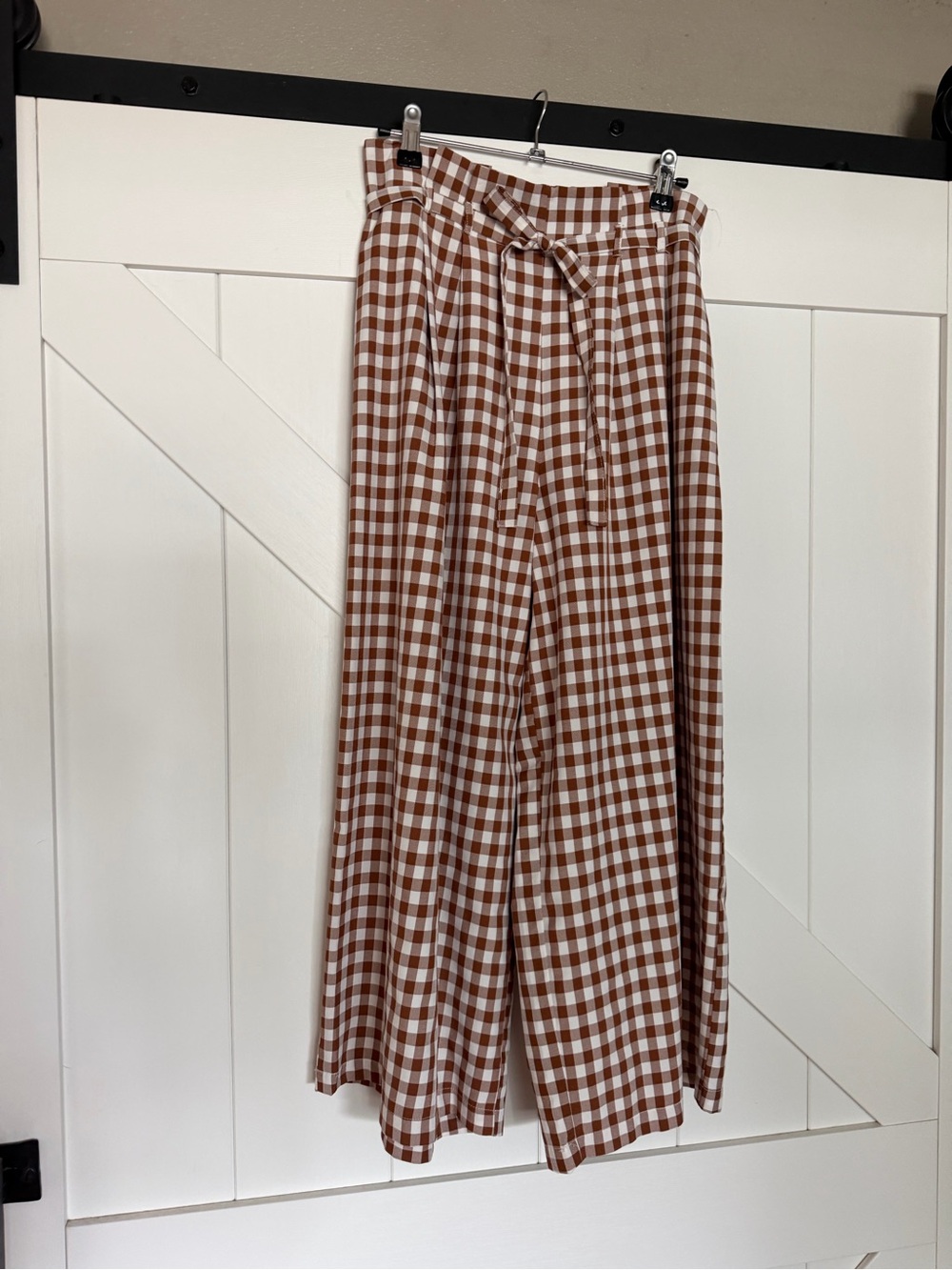 Brown Gingham Wide-Leg Women’s Pants with Tie Waist
